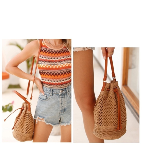 Handbags - Tan Woven Straw Hollow Bucket Crossbody Bag Handbag Tan